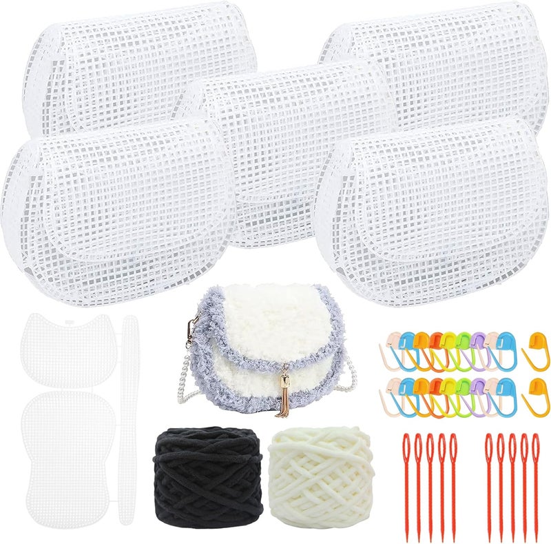Allazone 37 PCS Clear Mesh Canvas Sheets for Embroidery, Mesh Sheets with 2 Color Acrylic Yarn for DIY Sewing Bag - Image 1